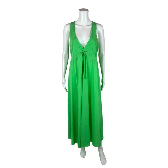 Vintage 70s Lime Nightgown Women's Medium Green Deep V Bow Neckline Racerback - Picture 1 of 11